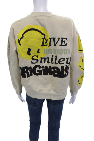 Zara Women Pullover Sweatshirt Beige Crew Neck Cotton Graphic Quotes Size M