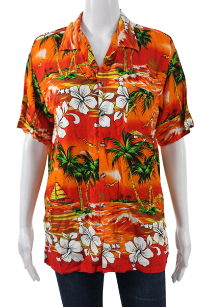 Riley Unisex Orange Floral Button-Up Short Sleeve Top Size One Size