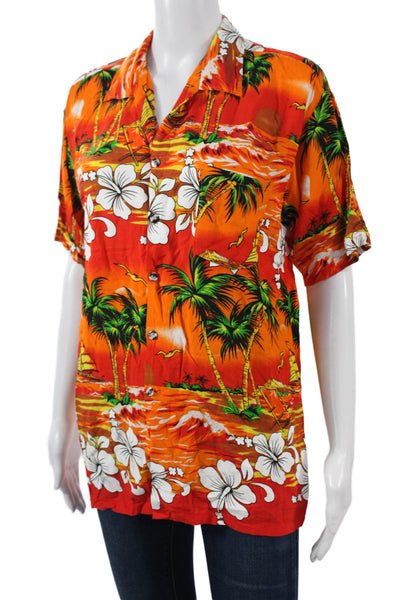 Riley Unisex Orange Floral Button-Up Short Sleeve Top Size One Size
