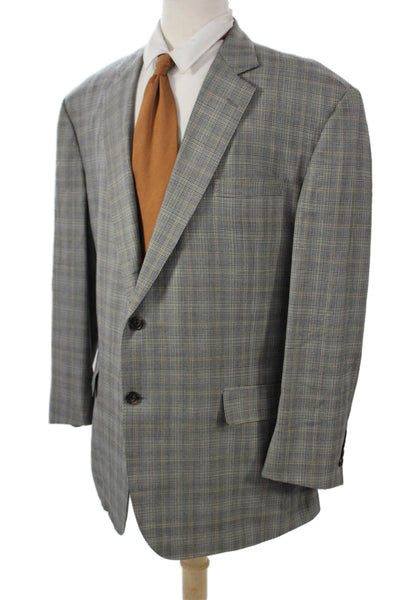 Brooks Brothers Mens Wool Plaid Suit Jacket Gray Button Collared Size 50