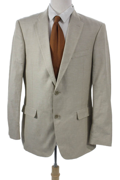 Tommy Hilfiger Mens Beige Cotton Linen Blazer Button Collared Size 40