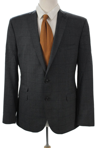 Ben Sherman Mens Check Suit Jacket Gray Cotton Linen Collared Button Size 40