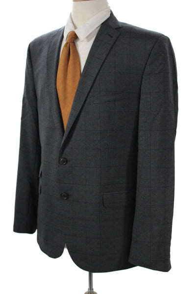 Ben Sherman Mens Check Suit Jacket Gray Cotton Linen Collared Button Size 40