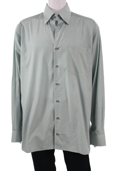 Ermenegildo Zegna Mens Point Dress Shirt Striped Green Cotton Size XLT