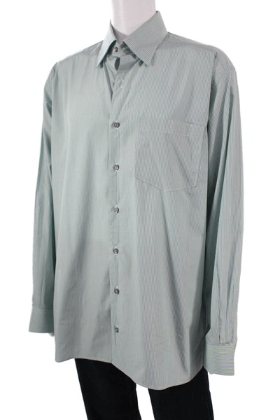 Ermenegildo Zegna Mens Point Dress Shirt Striped Green Cotton Size XLT