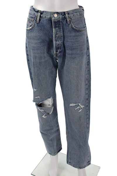 Agolde Unisex Cropped Straight Jeans High Rise Blue Cotton Button Size 28