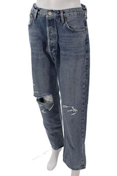 Agolde Unisex Cropped Straight Jeans High Rise Blue Cotton Button Size 28