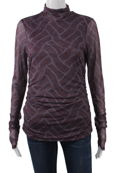 Cinq A Sept Women Purple Geometric Mock Neck Button Long Sleeve Blouse Size M