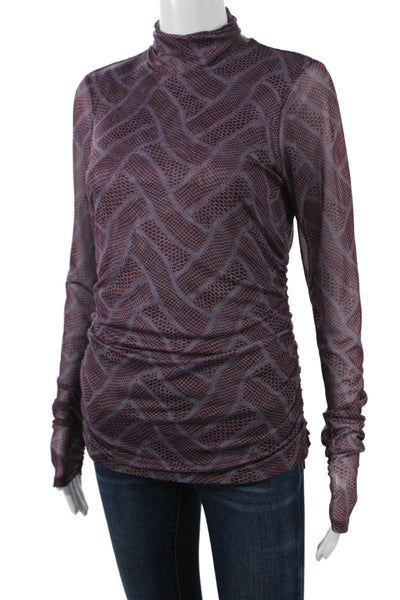Cinq A Sept Women Purple Geometric Mock Neck Button Long Sleeve Blouse Size M