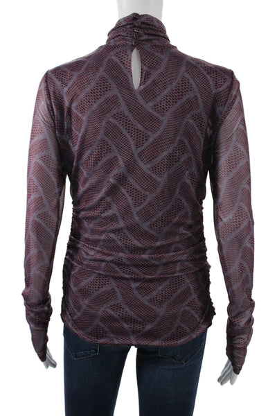 Cinq A Sept Women Purple Geometric Mock Neck Button Long Sleeve Blouse Size M