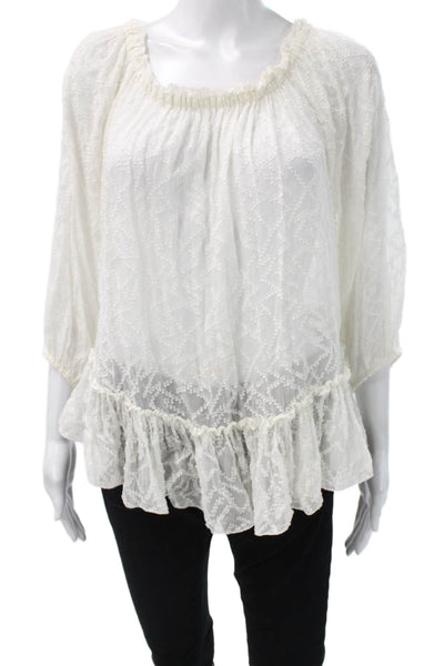 Rebecca Taylor Womens Tunic White Round Neck 3/4 Sleeve Geometric Boho Size 4