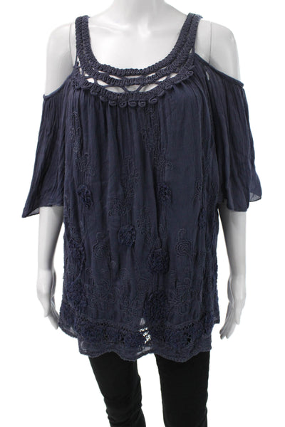 Tempo Paris Women Tunic Blouse Dark Blue Floral Short Sleeve Viscose Size M