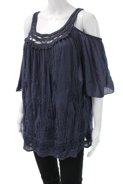 Tempo Paris Women Tunic Blouse Dark Blue Floral Short Sleeve Viscose Size M