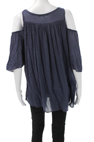 Tempo Paris Women Tunic Blouse Dark Blue Floral Short Sleeve Viscose Size M