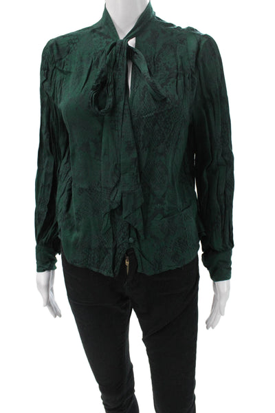 7 For All Mankind Women Green Animal Print High Neck Button-Up Blouse Size S