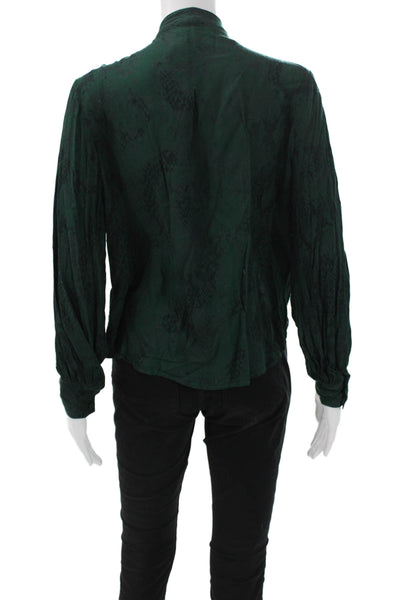 7 For All Mankind Women Green Animal Print High Neck Button-Up Blouse Size S