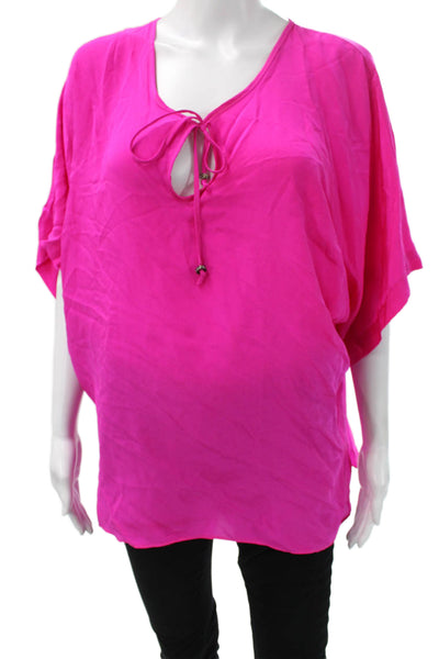 Aum-Couture Women Pink Silk Tunic Short Sleeve Beach Drawstring Size S