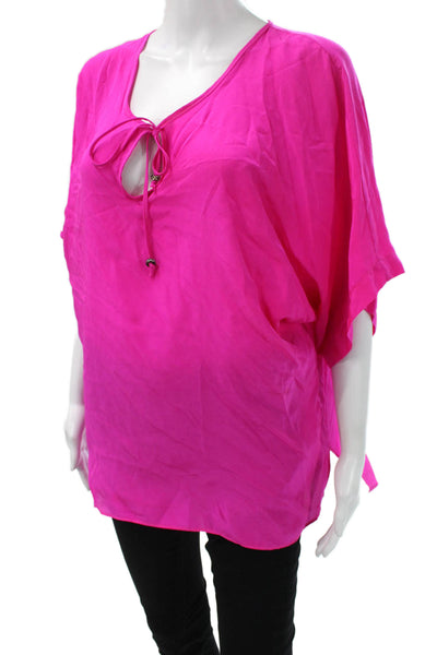 Aum-Couture Women Pink Silk Tunic Short Sleeve Beach Drawstring Size S