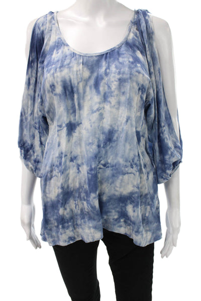 Drew Women Tunic Blouse Blue Crushed Silk Long Sleeve Round Neck Boho Size S