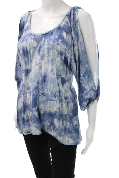 Drew Women Tunic Blouse Blue Crushed Silk Long Sleeve Round Neck Boho Size S