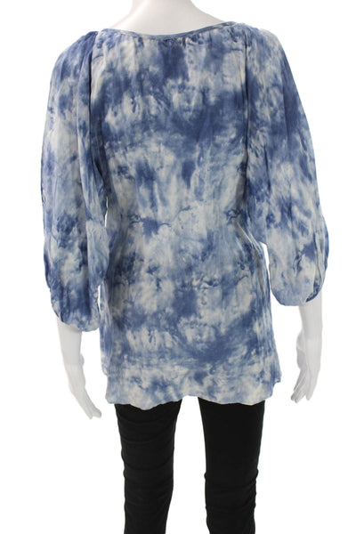 Drew Women Tunic Blouse Blue Crushed Silk Long Sleeve Round Neck Boho Size S