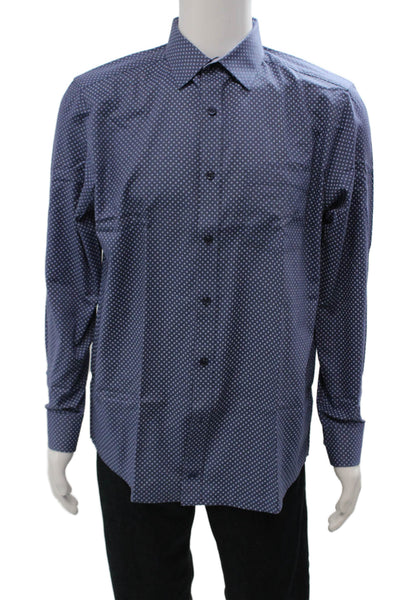 Johnston & Murphy Mens Point Collar Navy Geometric Cotton Dress Shirt Size M