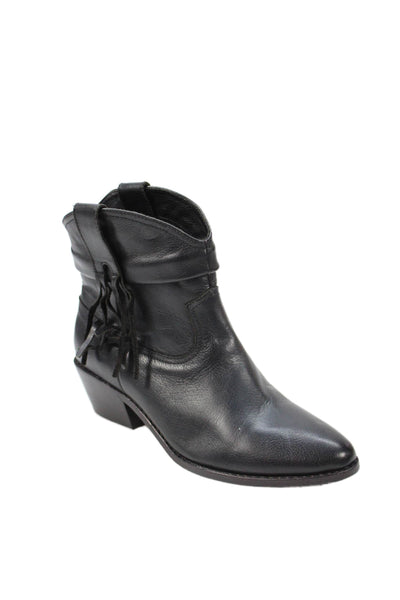 Joie Womens Slip On Block Heel Fringe Leather Booties Black Size 36.5