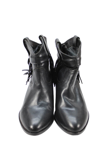 Joie Womens Slip On Block Heel Fringe Leather Booties Black Size 36.5