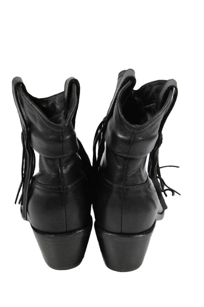 Joie Womens Slip On Block Heel Fringe Leather Booties Black Size 36.5