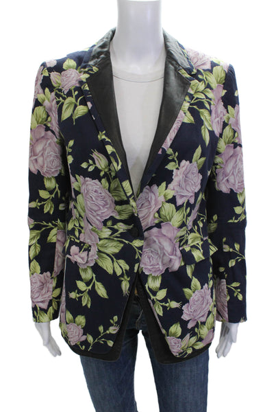 Rag & Bone Womens Dark Blue Floral Collared Cotton Blend Blazer Size S