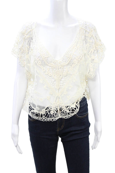Rumor Boutique Womens Cropped V-Neck Blouse Beige Short Sleeve Size 6