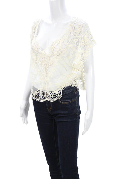 Rumor Boutique Womens Cropped V-Neck Blouse Beige Short Sleeve Size 6