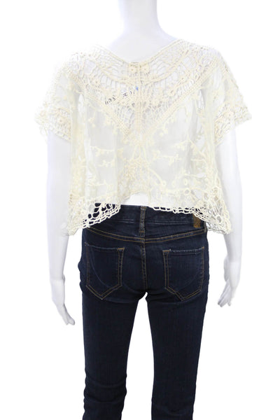 Rumor Boutique Womens Cropped V-Neck Blouse Beige Short Sleeve Size 6