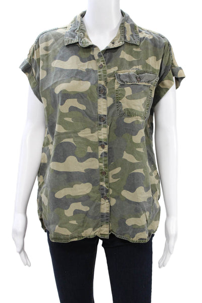 C&C California Womens Green Camo Button-Up Short Sleeve Lyocell Size XS