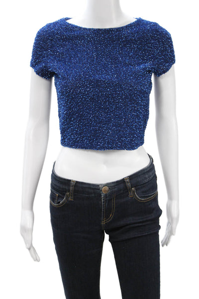 Alice + Olivia Women Cropped Zip Nylon Top Blue Short Sleeve Round Neck Size 4