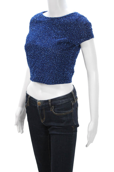Alice + Olivia Women Cropped Zip Nylon Top Blue Short Sleeve Round Neck Size 4