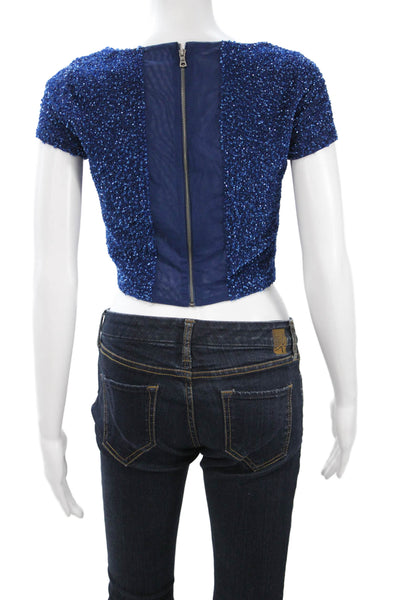 Alice + Olivia Women Cropped Zip Nylon Top Blue Short Sleeve Round Neck Size 4