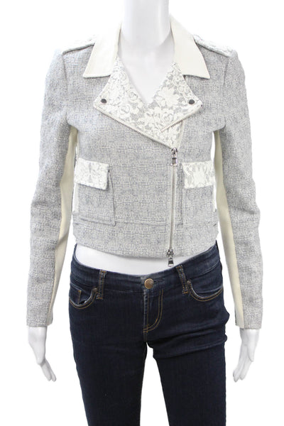 Rebecca Taylor Womens Gray Floral Collared Biker Jacket Zip Long Sleeve Size 2