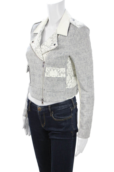 Rebecca Taylor Womens Gray Floral Collared Biker Jacket Zip Long Sleeve Size 2
