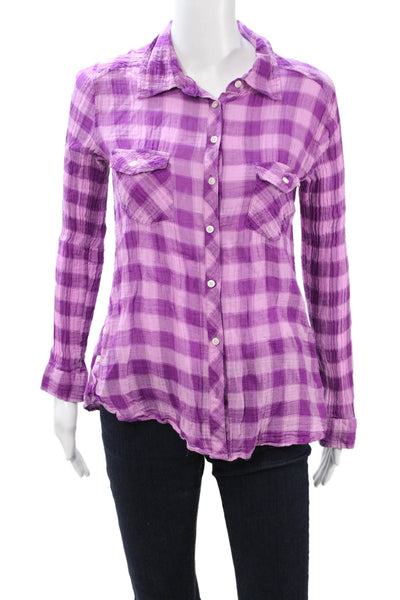 C&C California Women Purple Plaid Collared Button-Up Long Sleeve Size S