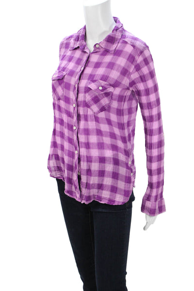 C&C California Women Purple Plaid Collared Button-Up Long Sleeve Size S
