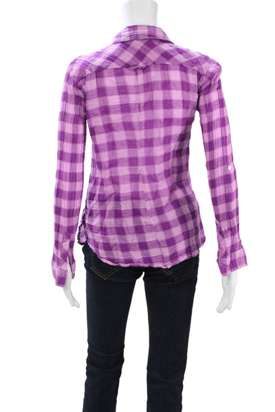C&C California Women Purple Plaid Collared Button-Up Long Sleeve Size S