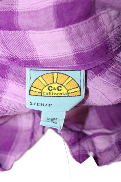 C&C California Women Purple Plaid Collared Button-Up Long Sleeve Size S