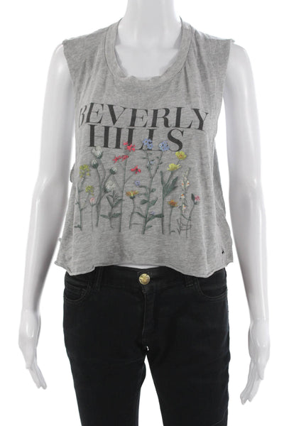 Wildfox Womens Cropped Sleeveless Tank Gray Graphic Crew Neck Button Size XS