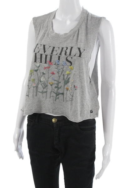 Wildfox Womens Cropped Sleeveless Tank Gray Graphic Crew Neck Button Size XS