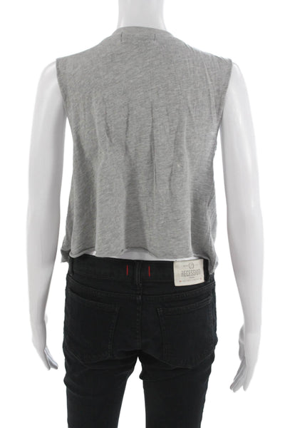 Wildfox Womens Cropped Sleeveless Tank Gray Graphic Crew Neck Button Size XS