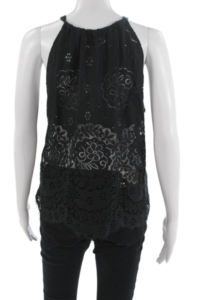 Valerie Khalfon Women Black Floral Cotton Bohemian Sleeveless Tank Size 40