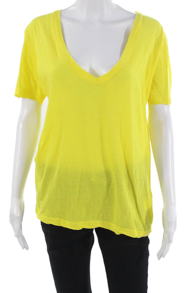 LNA Women Basic V-Neck Short Sleeve Yellow Cotton T-Shirt Size M