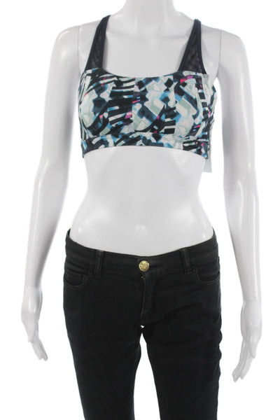 Athleta Womens Square Neck Strappy Back Abstract Sports Bra Navy White Small