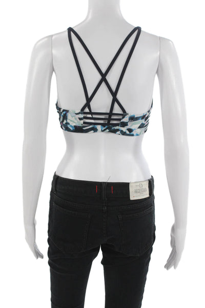 Athleta Womens Square Neck Strappy Back Abstract Sports Bra Navy White Small